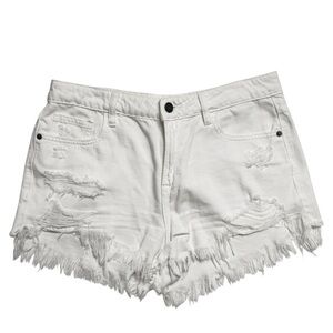 Hidden Finn Fray Distressed White Denim Cutoff Shorts High Rise Festival M